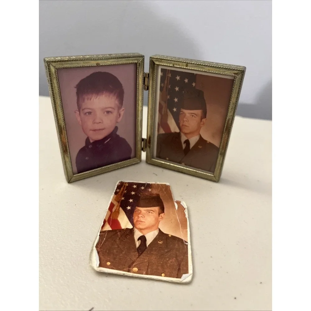 Vintage Army Photo Gold Tone Frame 2 Hinged Tiny Frame Military‎ Picture
